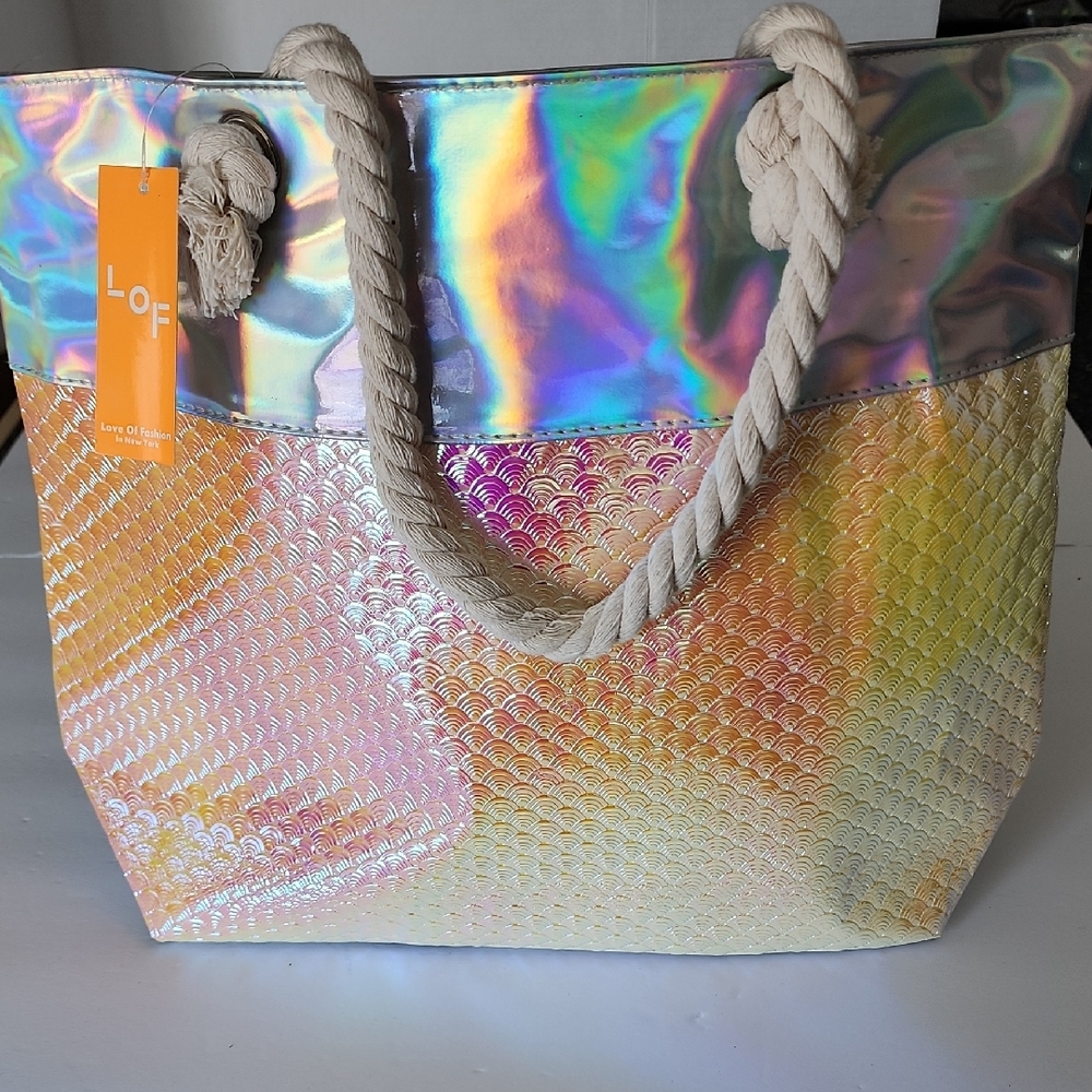LOF Iridescent Tote Bag With Black Sparkly Cosmetics Bag